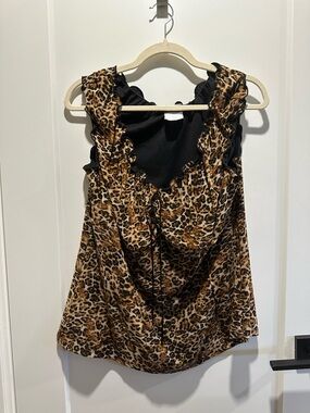 Leopard Ruffle Tank Top with Scoop Neck - Black & Brown